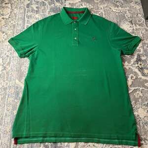 Isaia Napoli Men's Pique Polo Shirt, Emerald Green with Coral Logo, Size XL